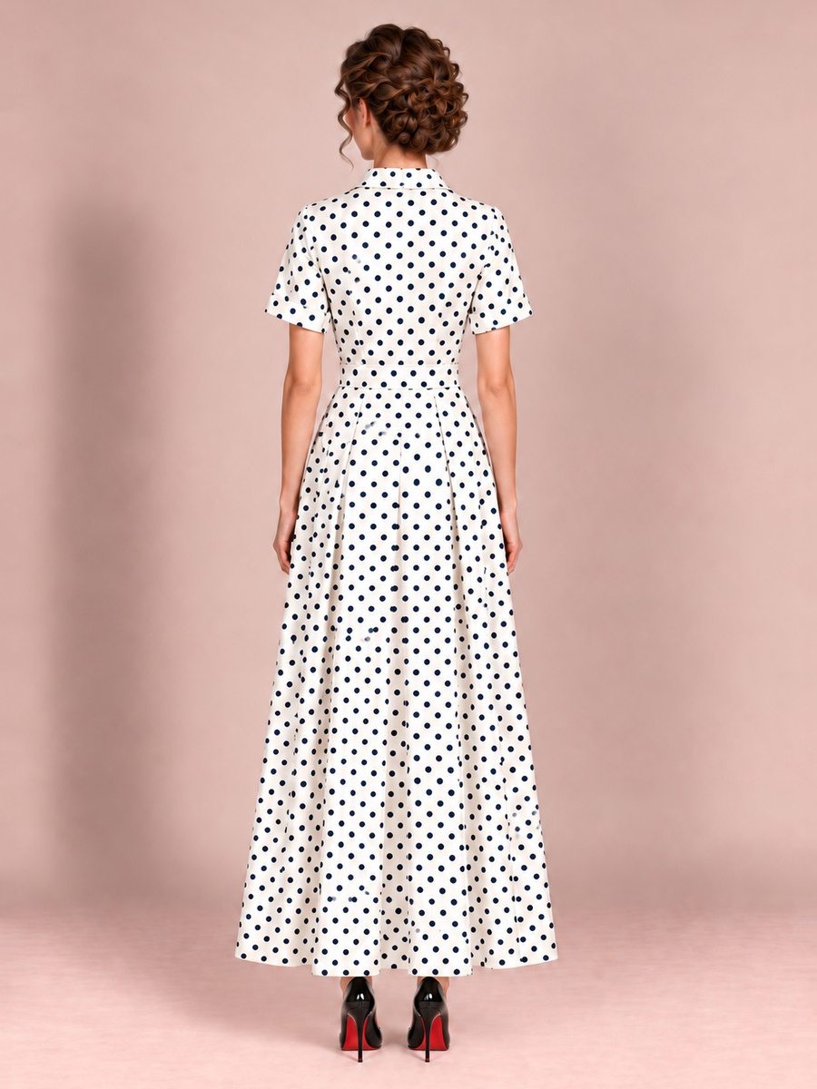 White Polka Dot Collared Maxi Dress with Wrap Bodice