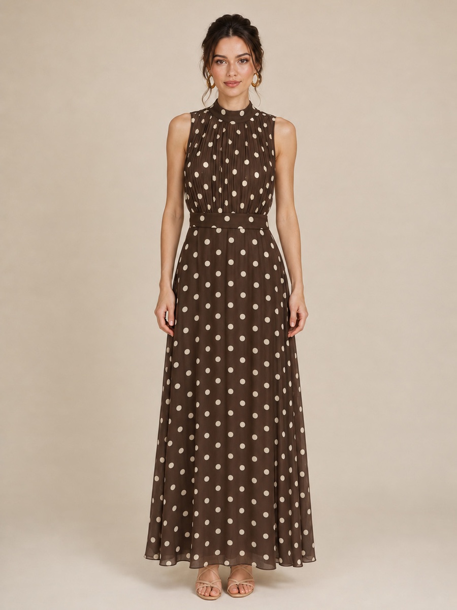 Brown Polka Dot Sheer Yoke Maxi Dress with Belt