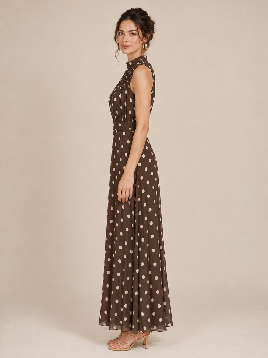 Brown Polka Dot Sheer Yoke Maxi Dress with Belt