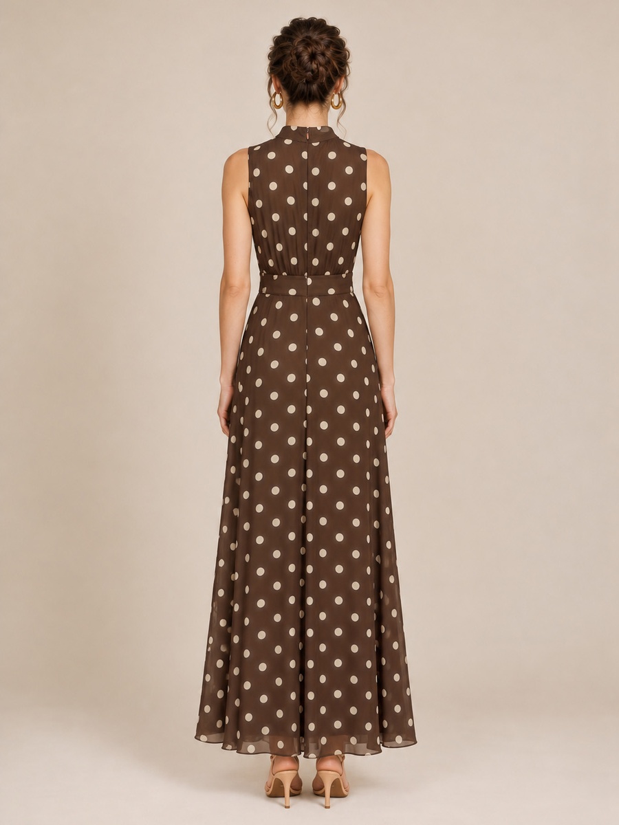 Brown Polka Dot Sheer Yoke Maxi Dress with Belt
