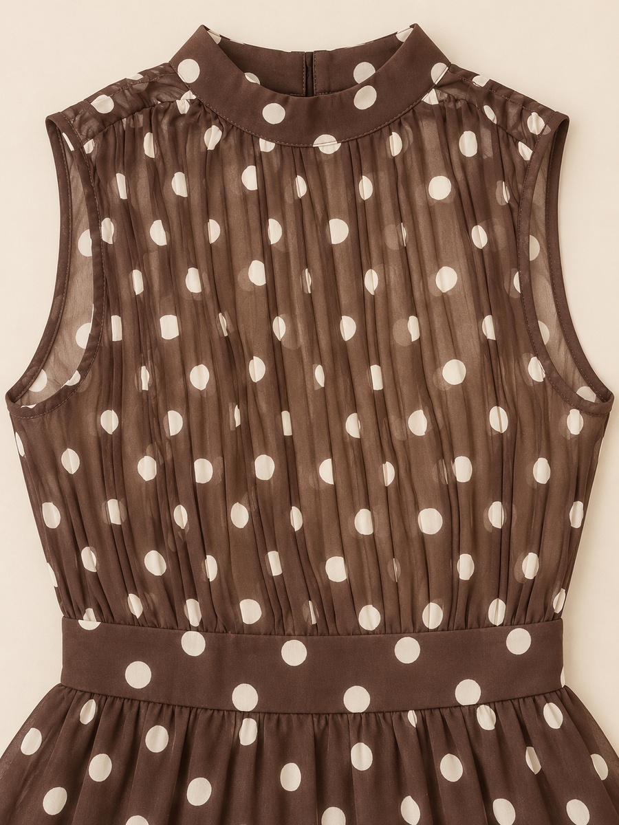 Brown Polka Dot Sheer Yoke Maxi Dress with Belt