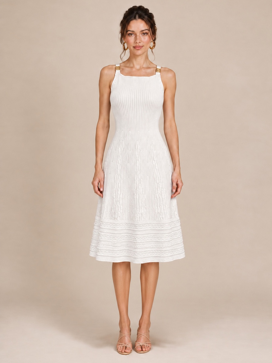 White Ribbed Knit Midi Dress with Gold Strap Buckle and Lace Hem