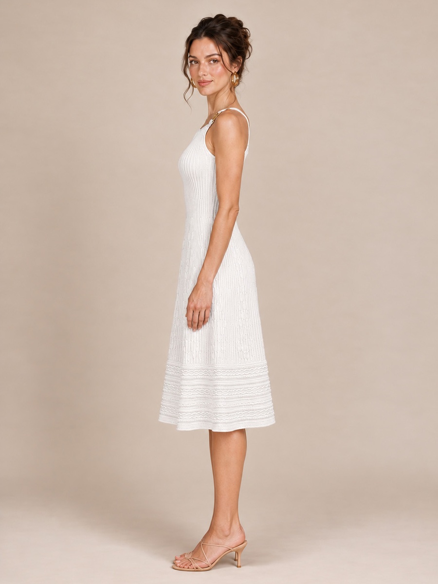 White Ribbed Knit Midi Dress with Gold Strap Buckle and Lace Hem