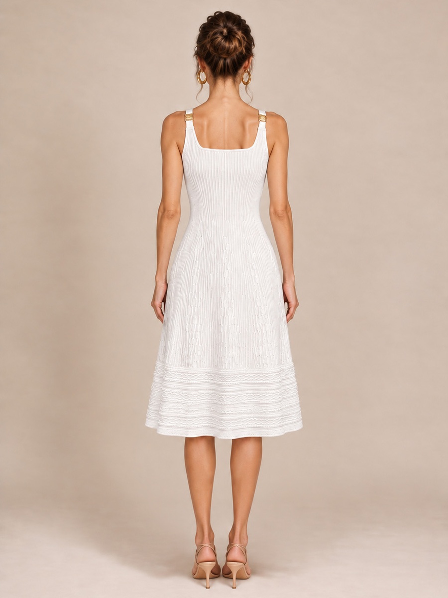 White Ribbed Knit Midi Dress with Gold Strap Buckle and Lace Hem