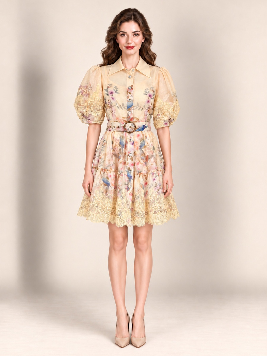Yellow Floral Bird Print Mini Shirt Dress with Puff Sleeves and Embroidered Belt
