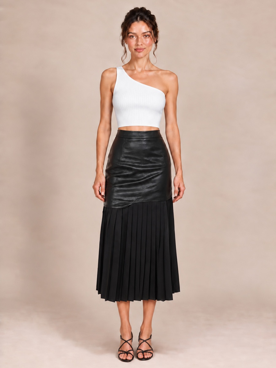 Black Faux Leather and Pleated Midi Skirt