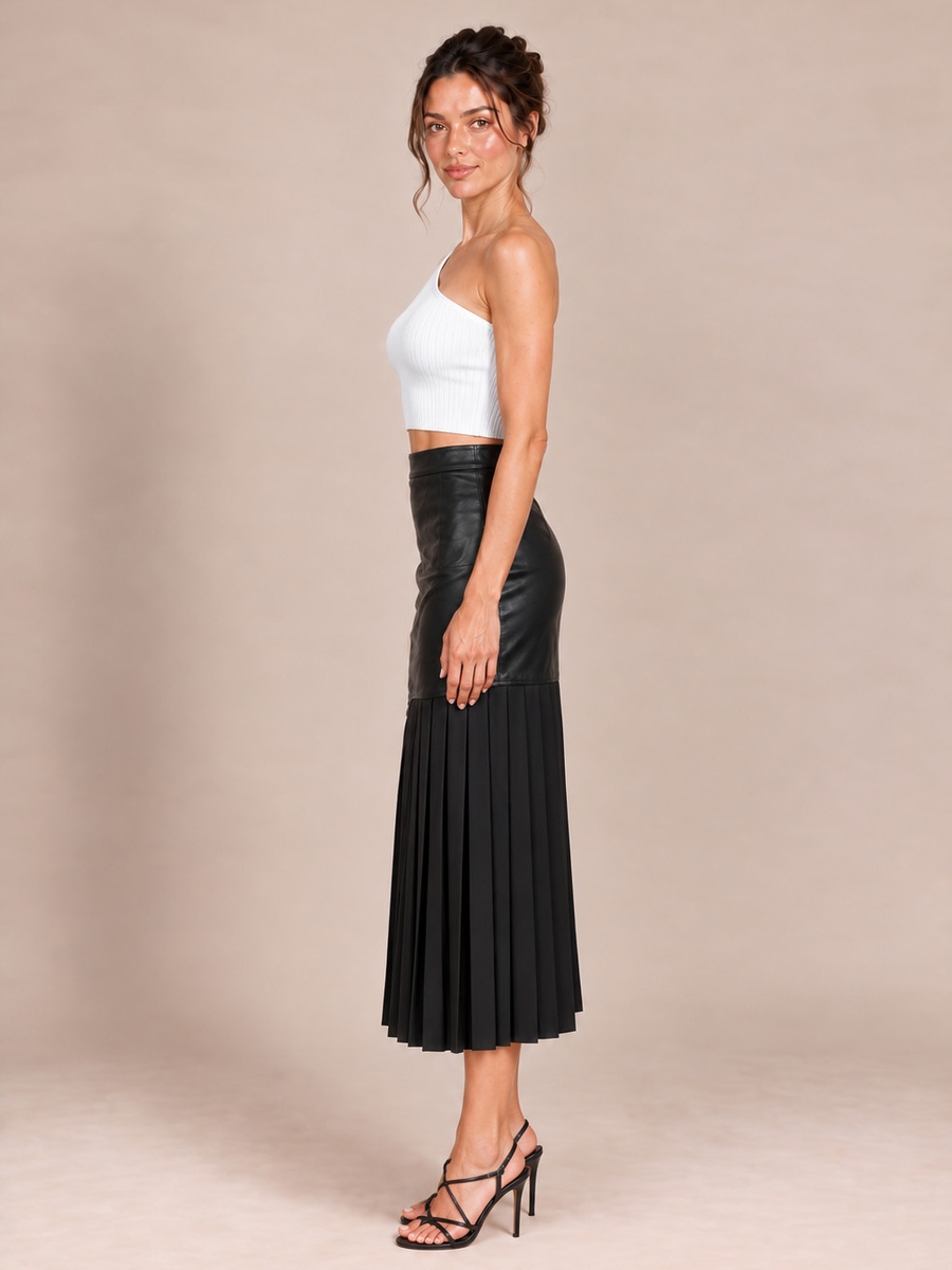 Black Faux Leather and Pleated Midi Skirt