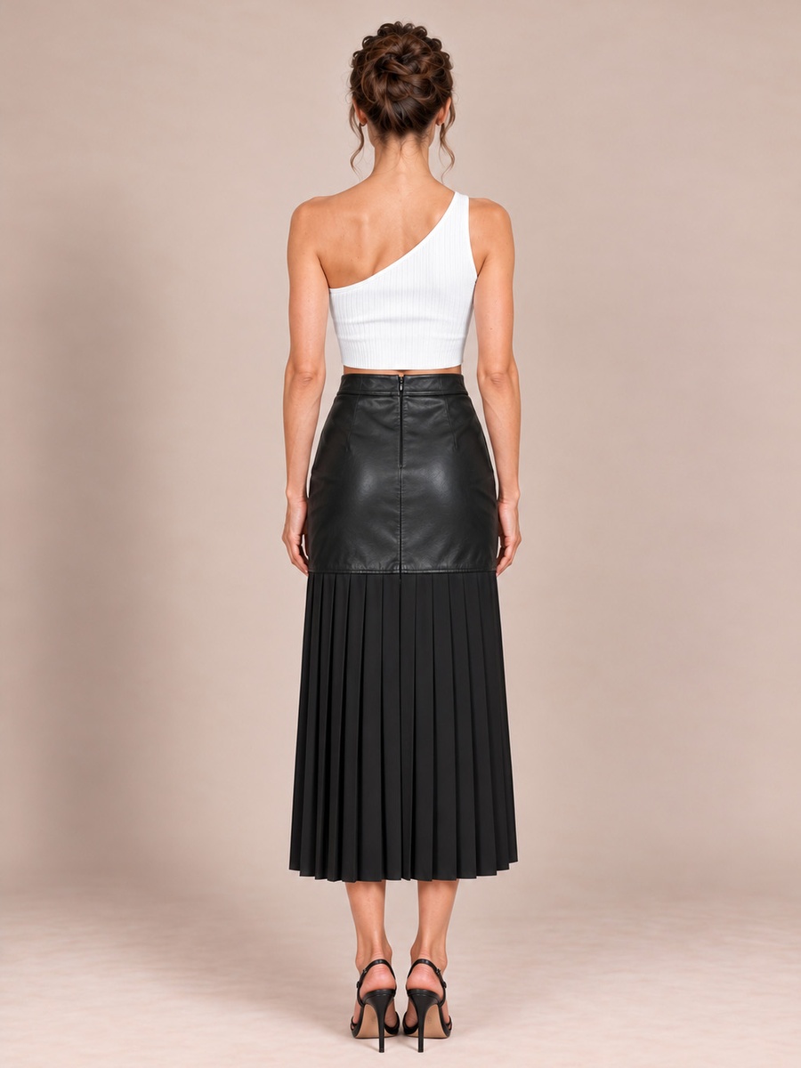 Black Faux Leather and Pleated Midi Skirt