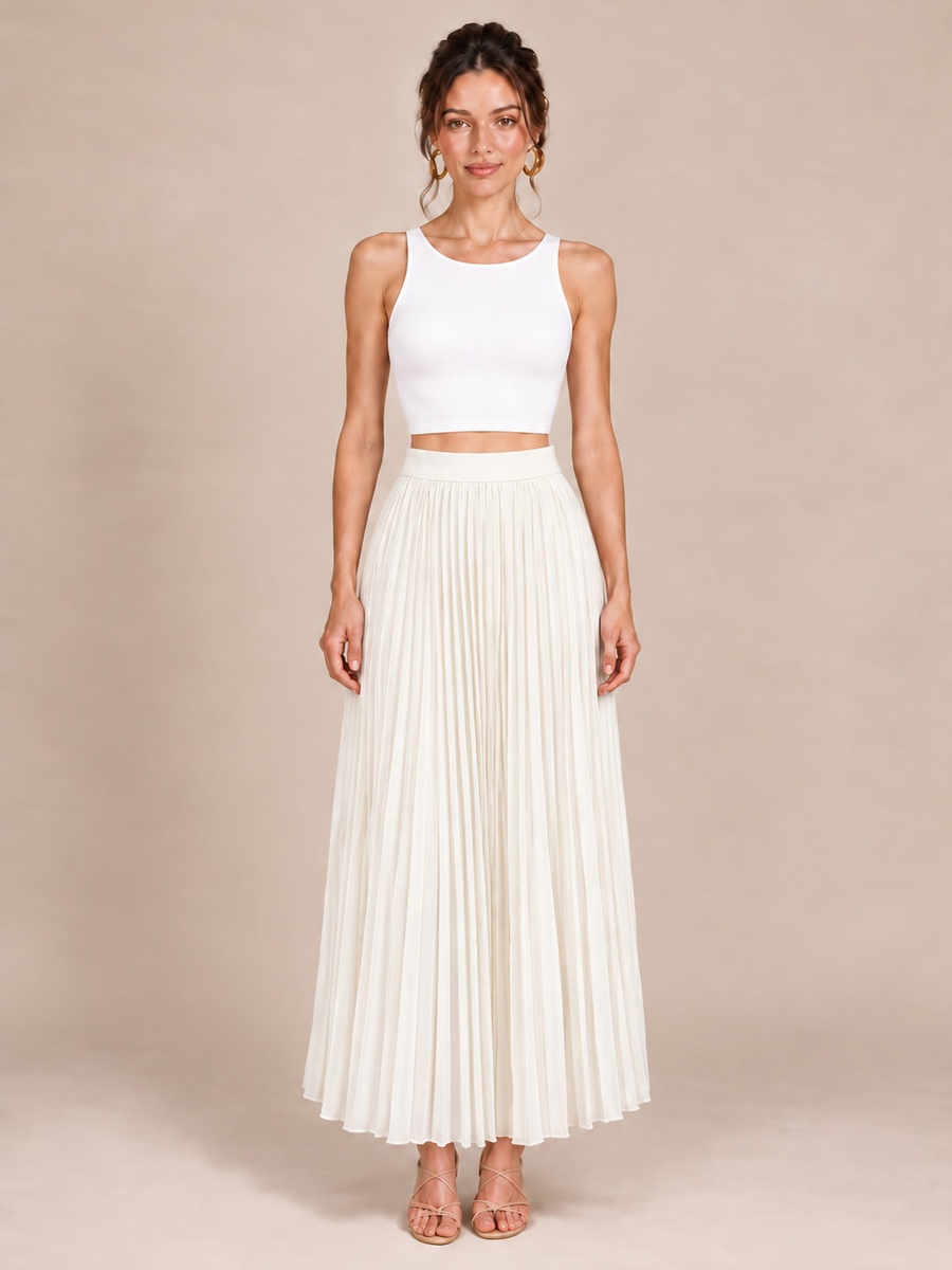 Cream Pleated Maxi Skirt