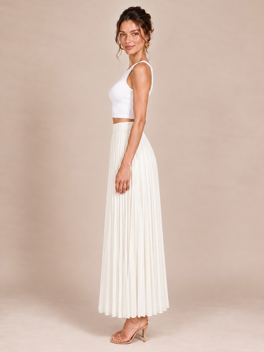 Cream Pleated Maxi Skirt