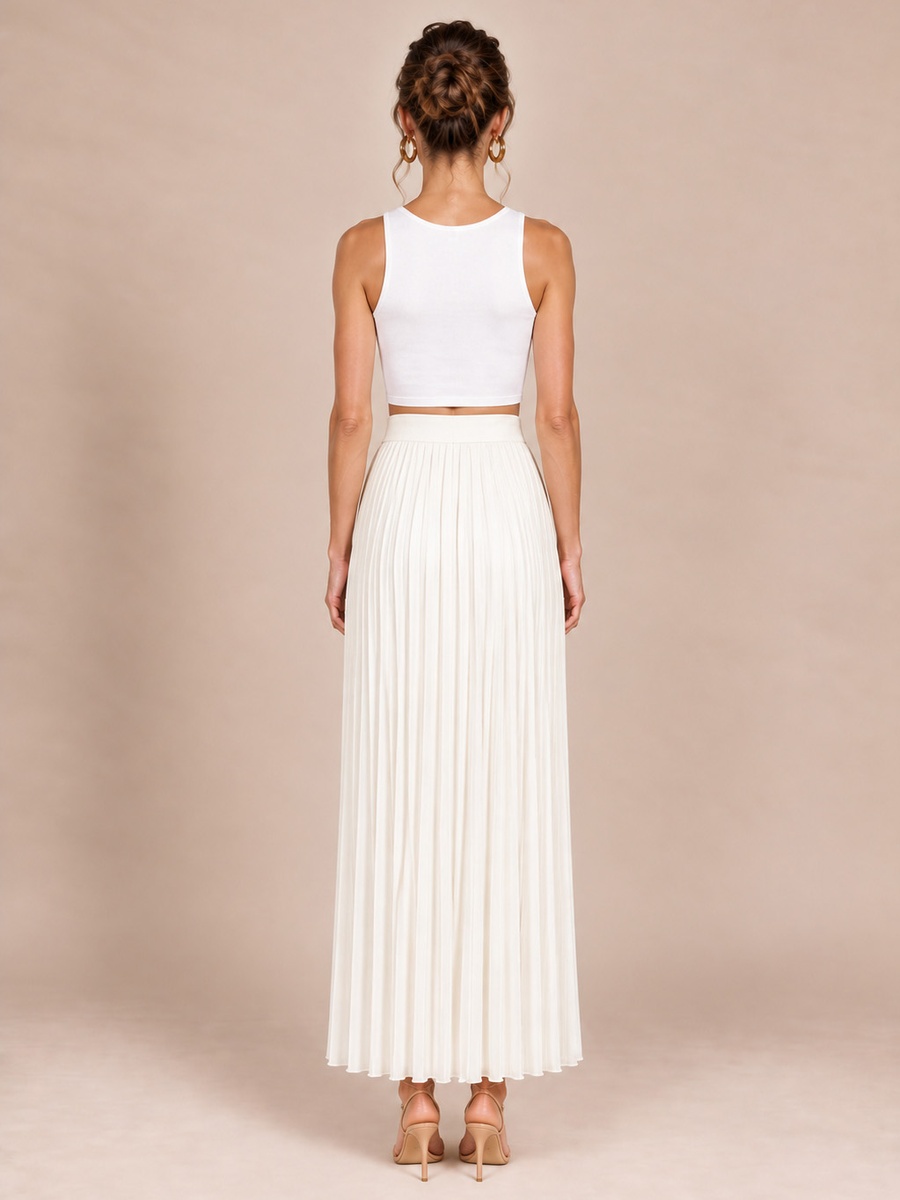 Cream Pleated Maxi Skirt