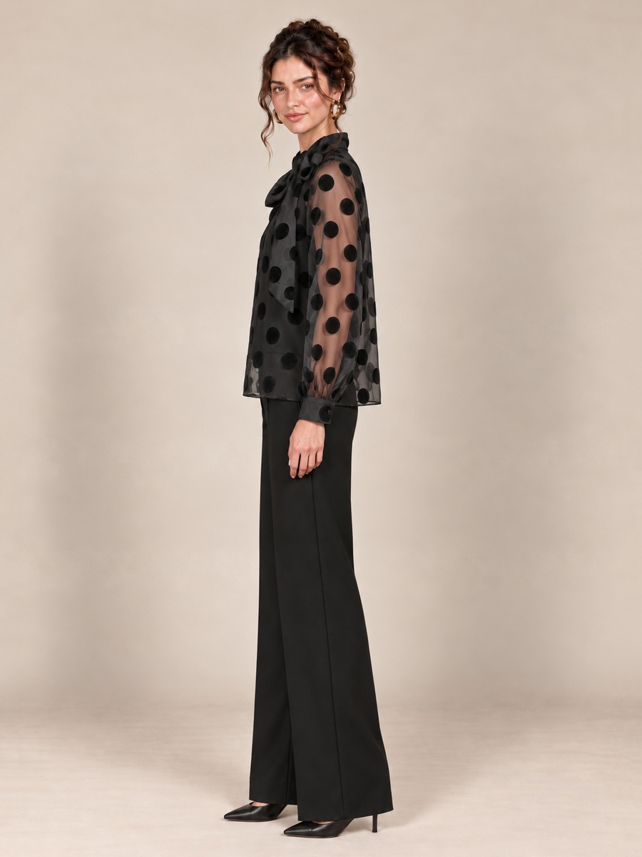 Black Polka Dot Blouse with Sheer Sleeves and Tie Neck