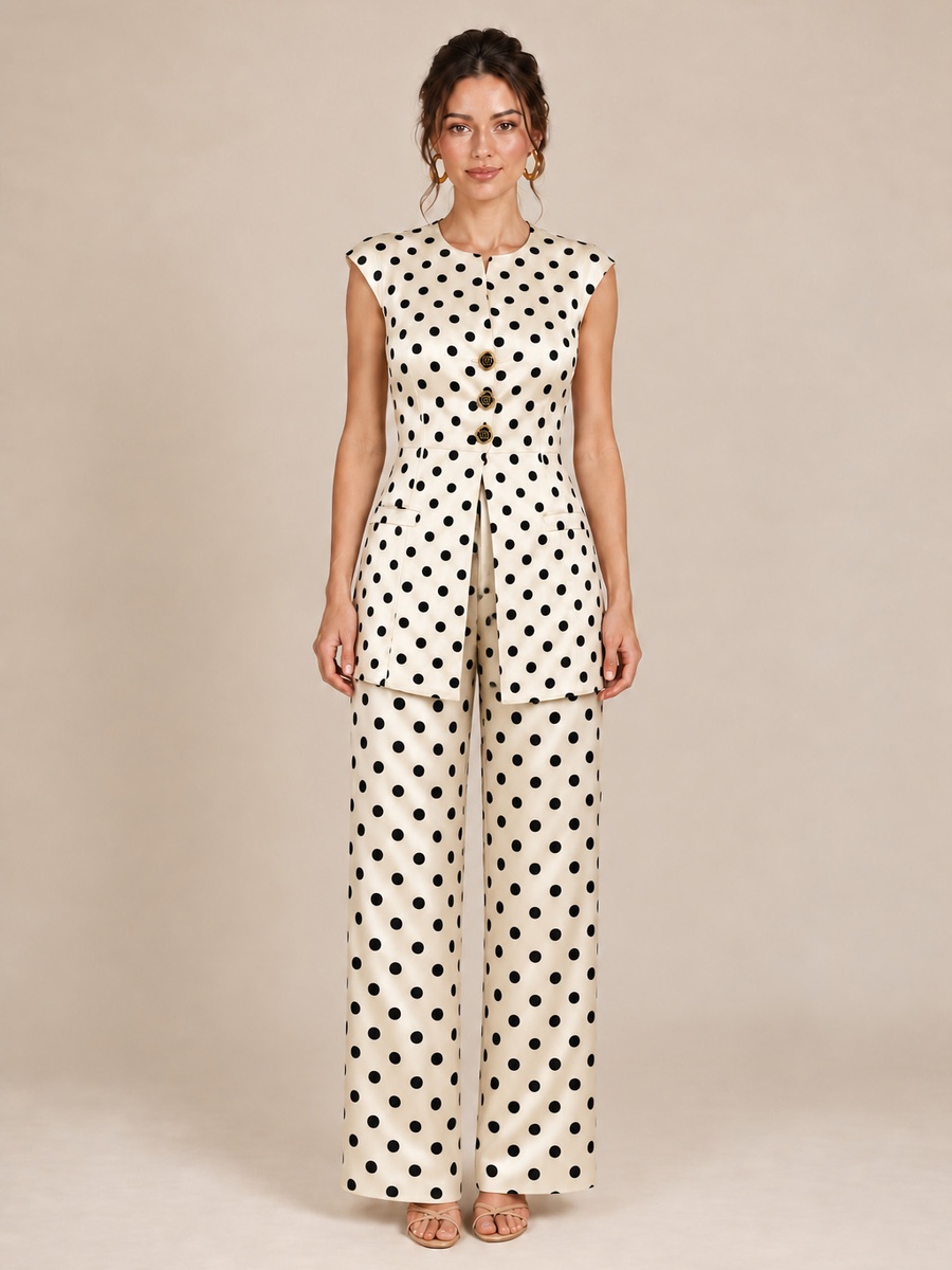 Cream Polka Dot Blouse and Pants Co-Ord Set