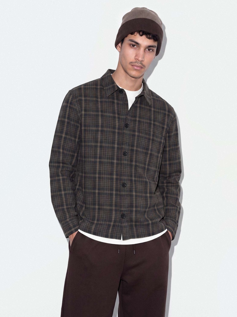 Men Brown Cotton Check Oversized Shirt