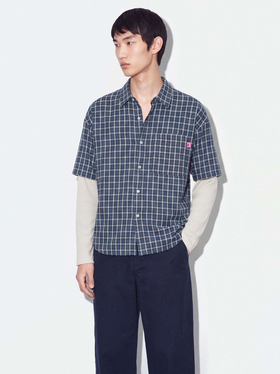 Men Blue Cotton Checked Twofer Shirt