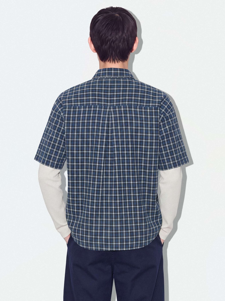 Men Blue Cotton Checked Twofer Shirt