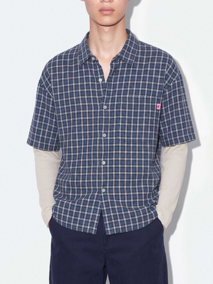 Men Blue Cotton Checked Twofer Shirt