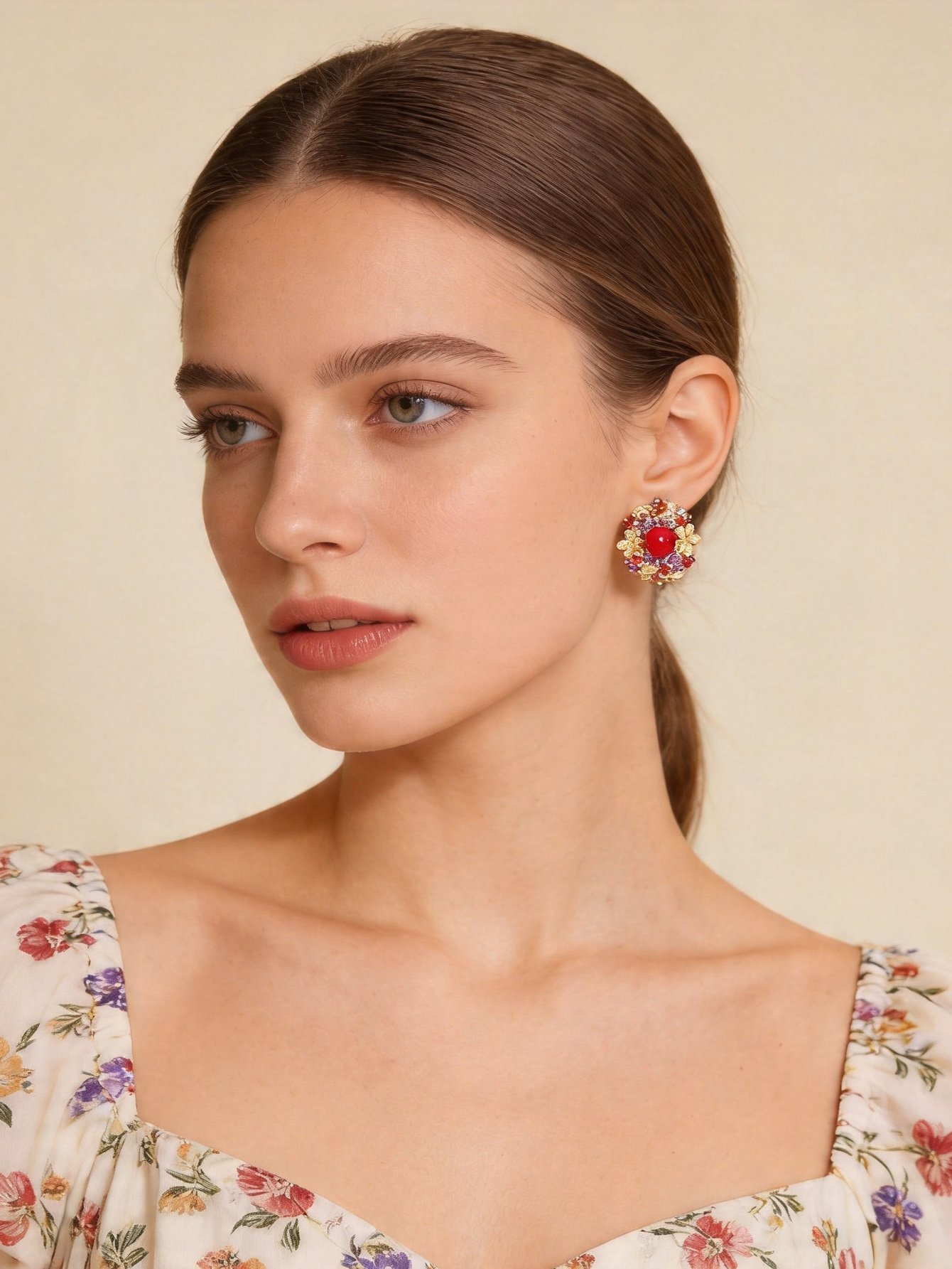 22K Gold Plating Accessories Multicolor Zirconia Flower Red Pearl Stud Earrings Party Jewelry