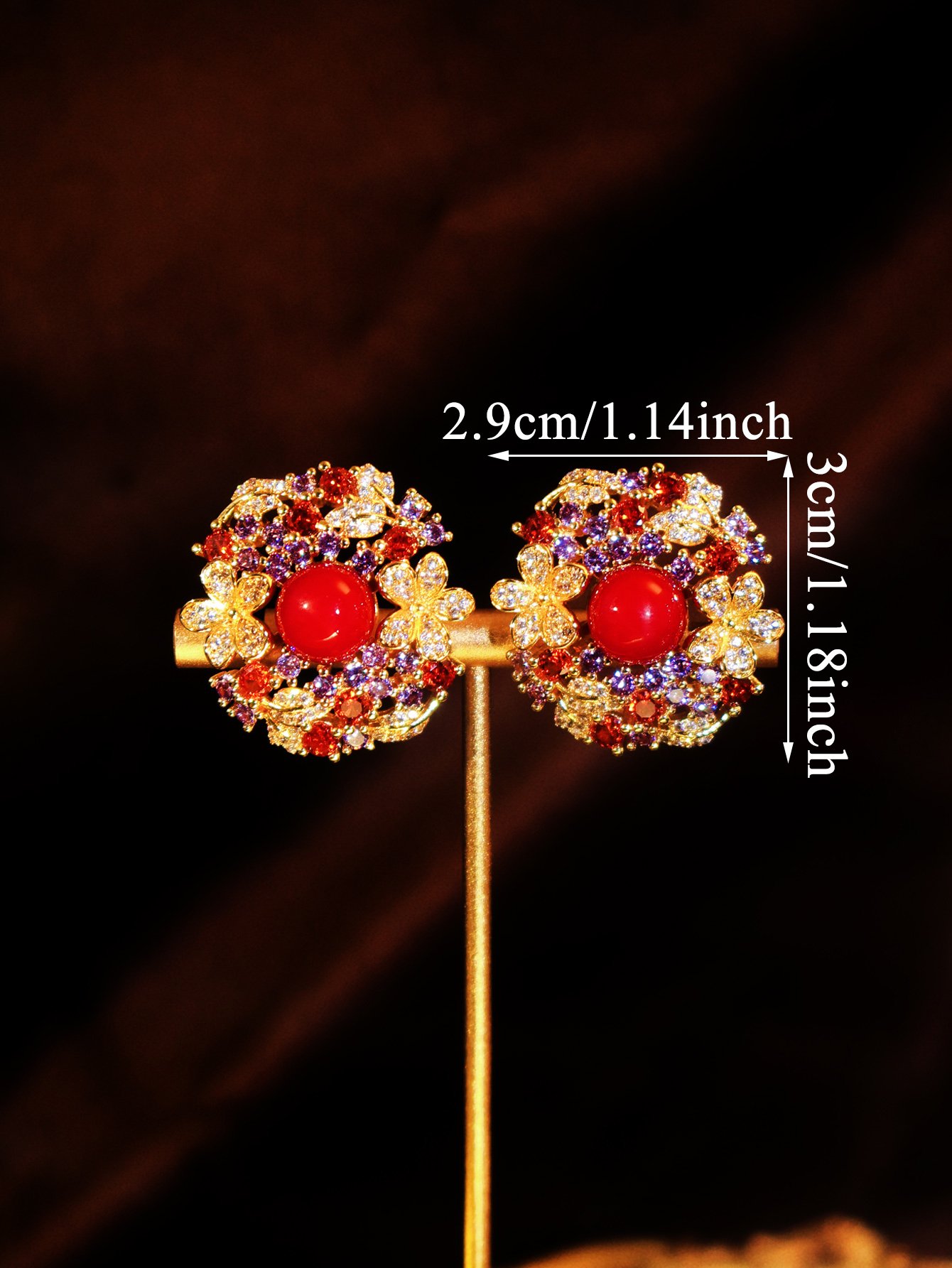 22K Gold Plating Accessories Multicolor Zirconia Flower Red Pearl Stud Earrings Party Jewelry