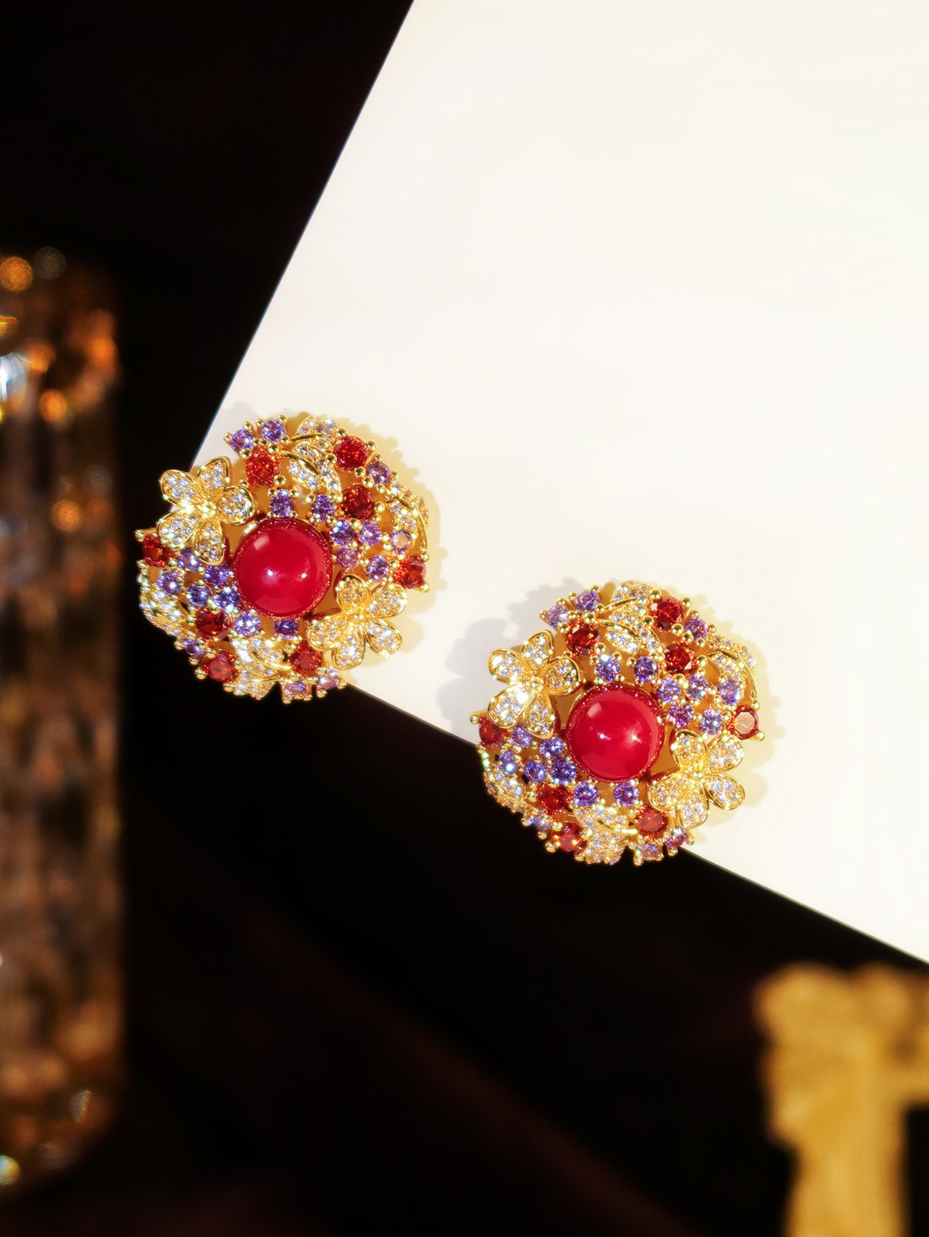 22K Gold Plating Accessories Multicolor Zirconia Flower Red Pearl Stud Earrings Party Jewelry