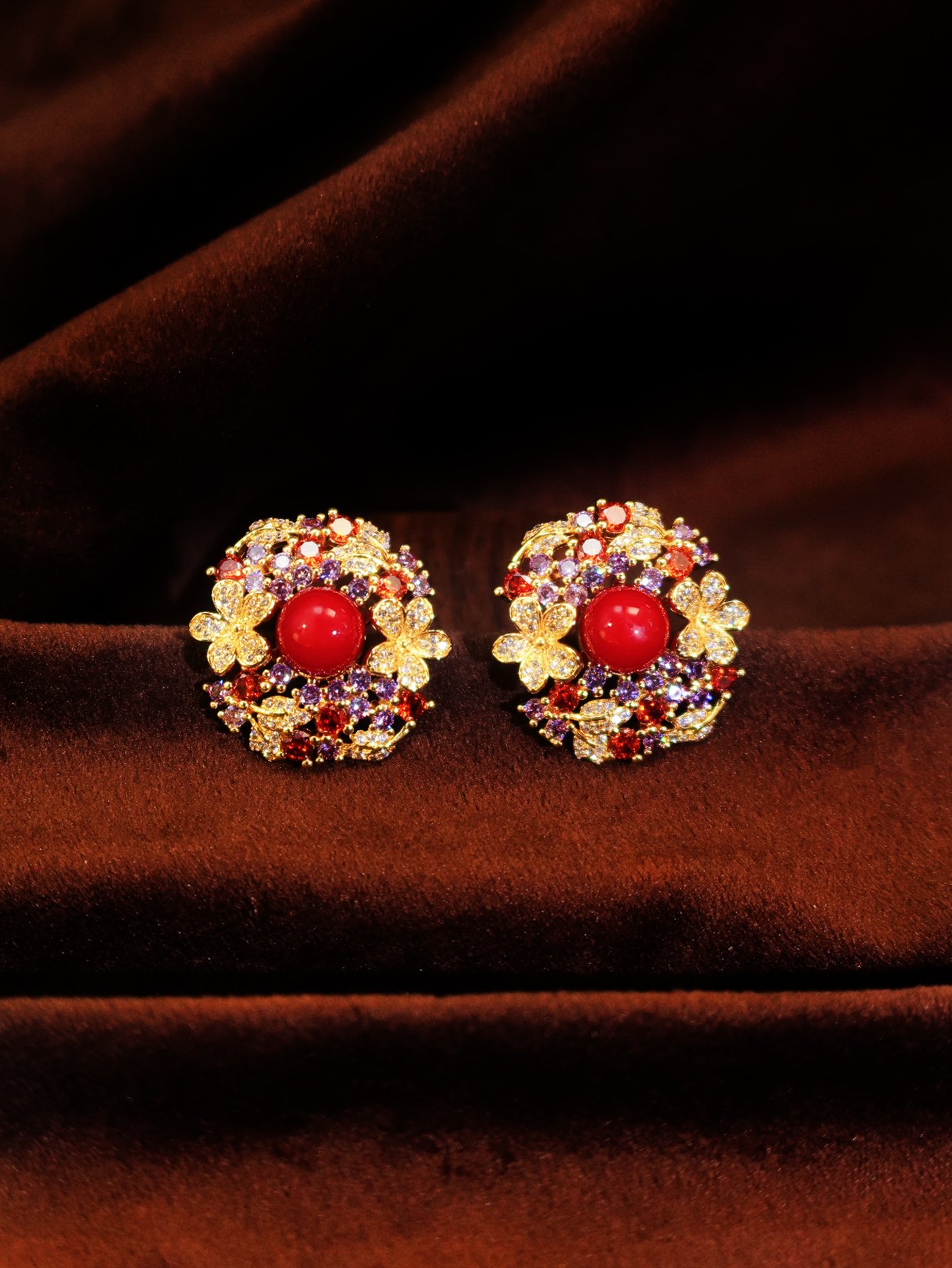 22K Gold Plating Accessories Multicolor Zirconia Flower Red Pearl Stud Earrings Party Jewelry