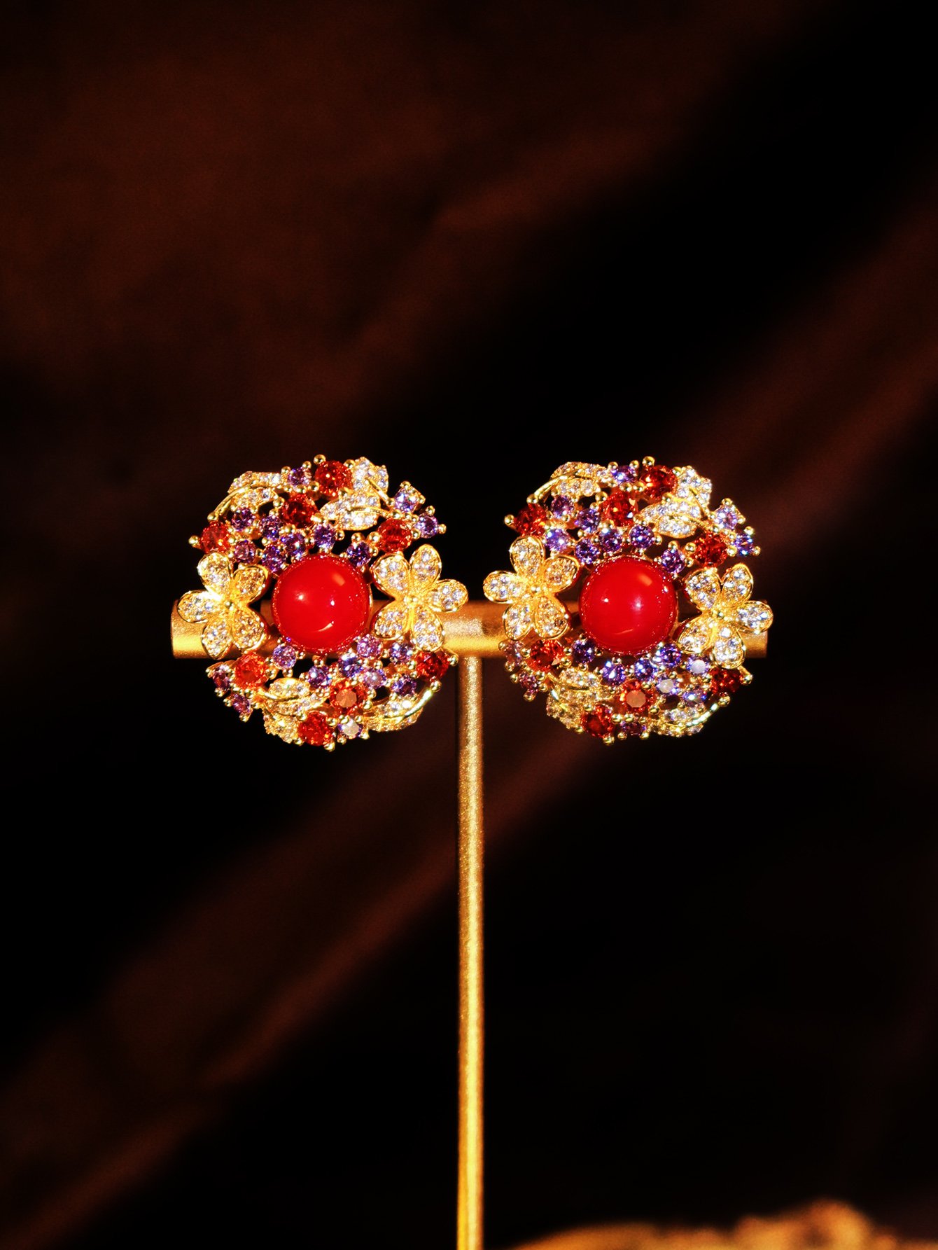 22K Gold Plating Accessories Multicolor Zirconia Flower Red Pearl Stud Earrings Party Jewelry