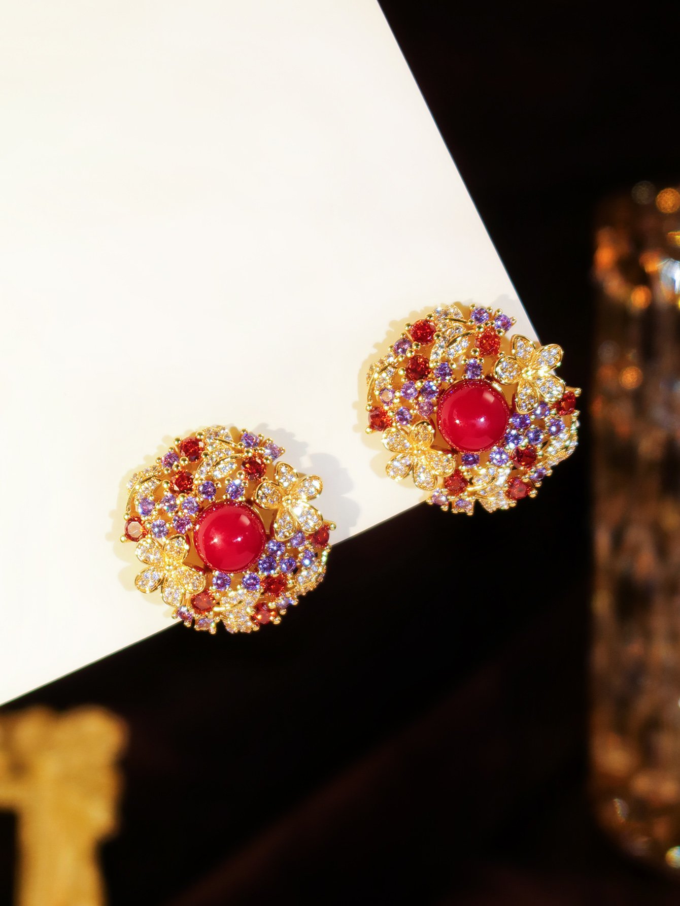 22K Gold Plating Accessories Multicolor Zirconia Flower Red Pearl Stud Earrings Party Jewelry