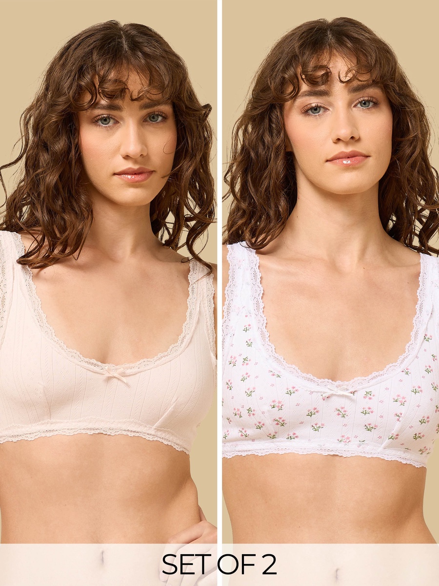Pack of 2 - Lace Trim Pointelle Cotton Non-Padded Bra