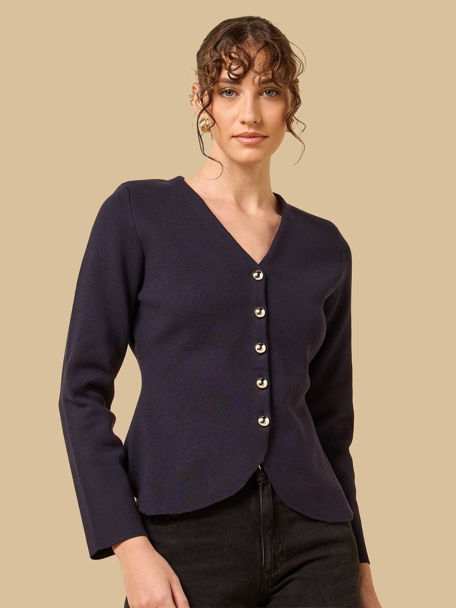 Shoulder Padded V Neck Cardigan