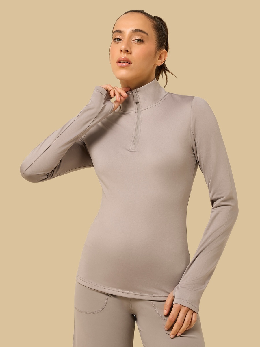Half Zip Brushed T-Shirt with High Neck
