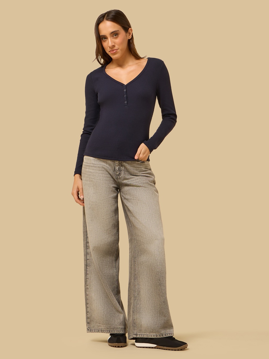 Ribbed Top with Henley Neck