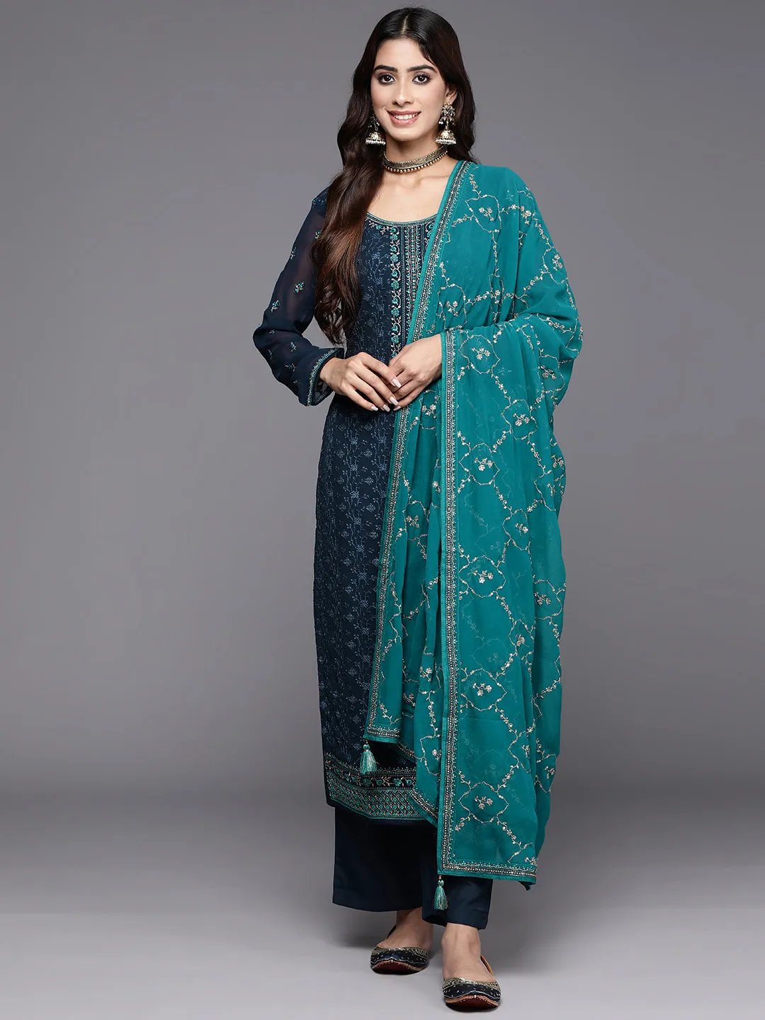 Navy Blue Embroidered Georgette Kurta Set with Dupatta