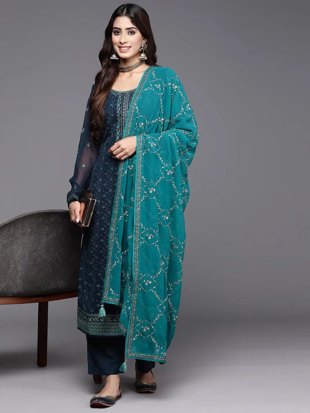 Navy Blue Embroidered Georgette Kurta Set with Dupatta