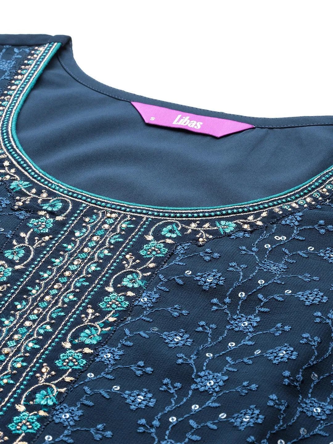 Navy Blue Embroidered Georgette Kurta Set with Dupatta