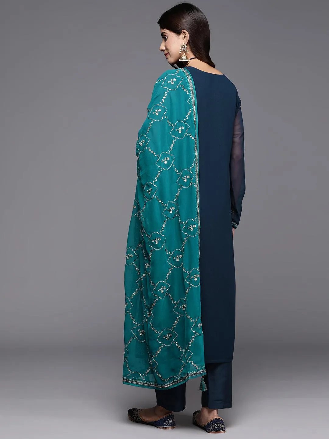 Navy Blue Embroidered Georgette Kurta Set with Dupatta