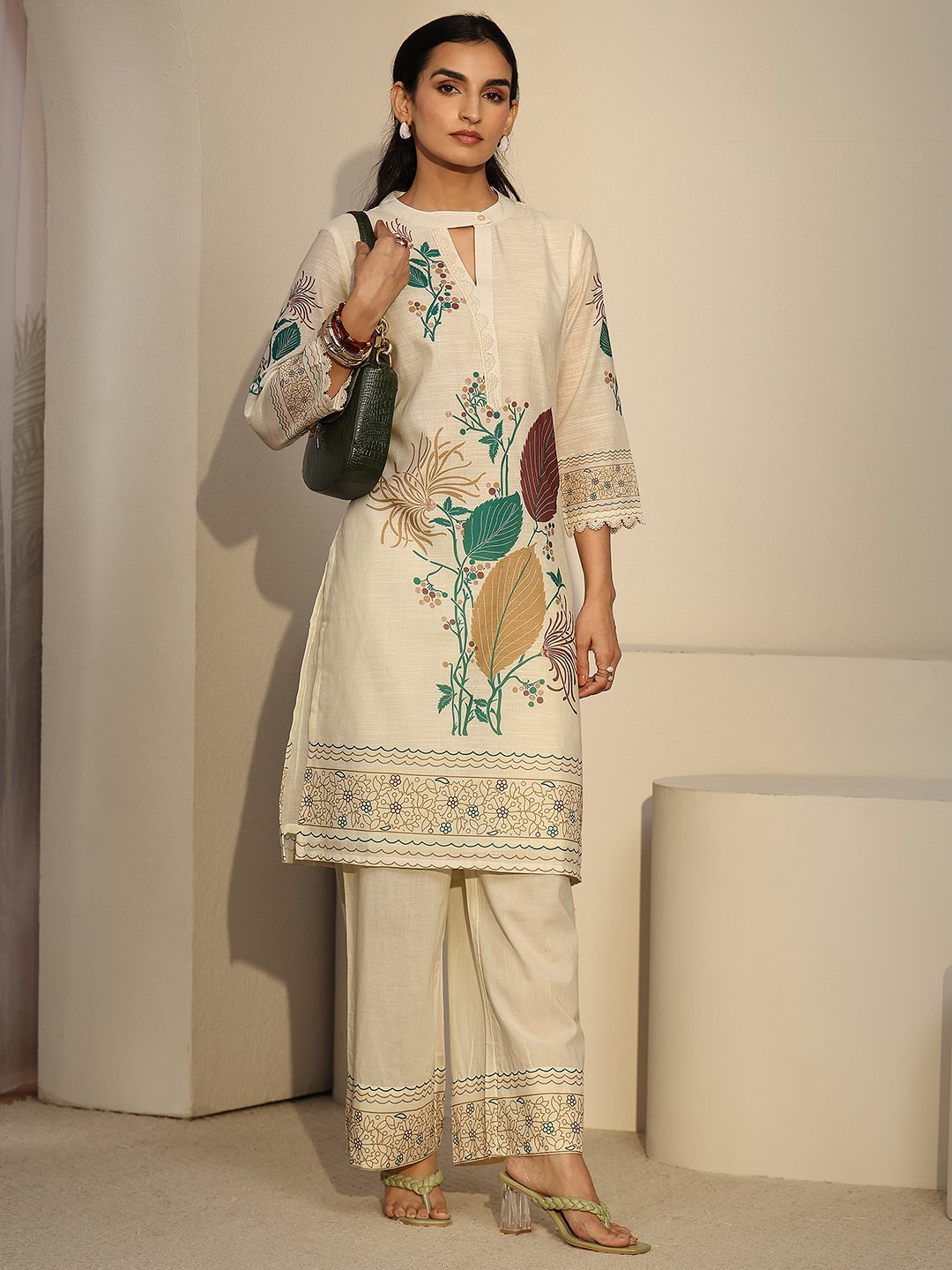 Off-White Floral Keyhole Neck Co-ord Set with Straight Trousers