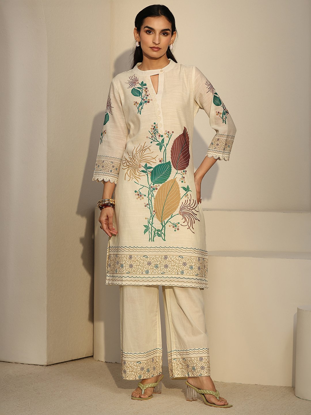 Off-White Floral Keyhole Neck Co-ord Set with Straight Trousers