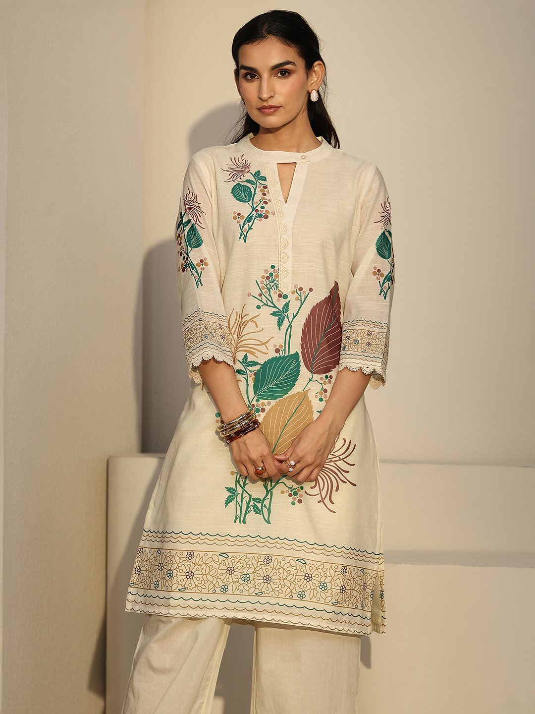 Off-White Floral Keyhole Neck Co-ord Set with Straight Trousers
