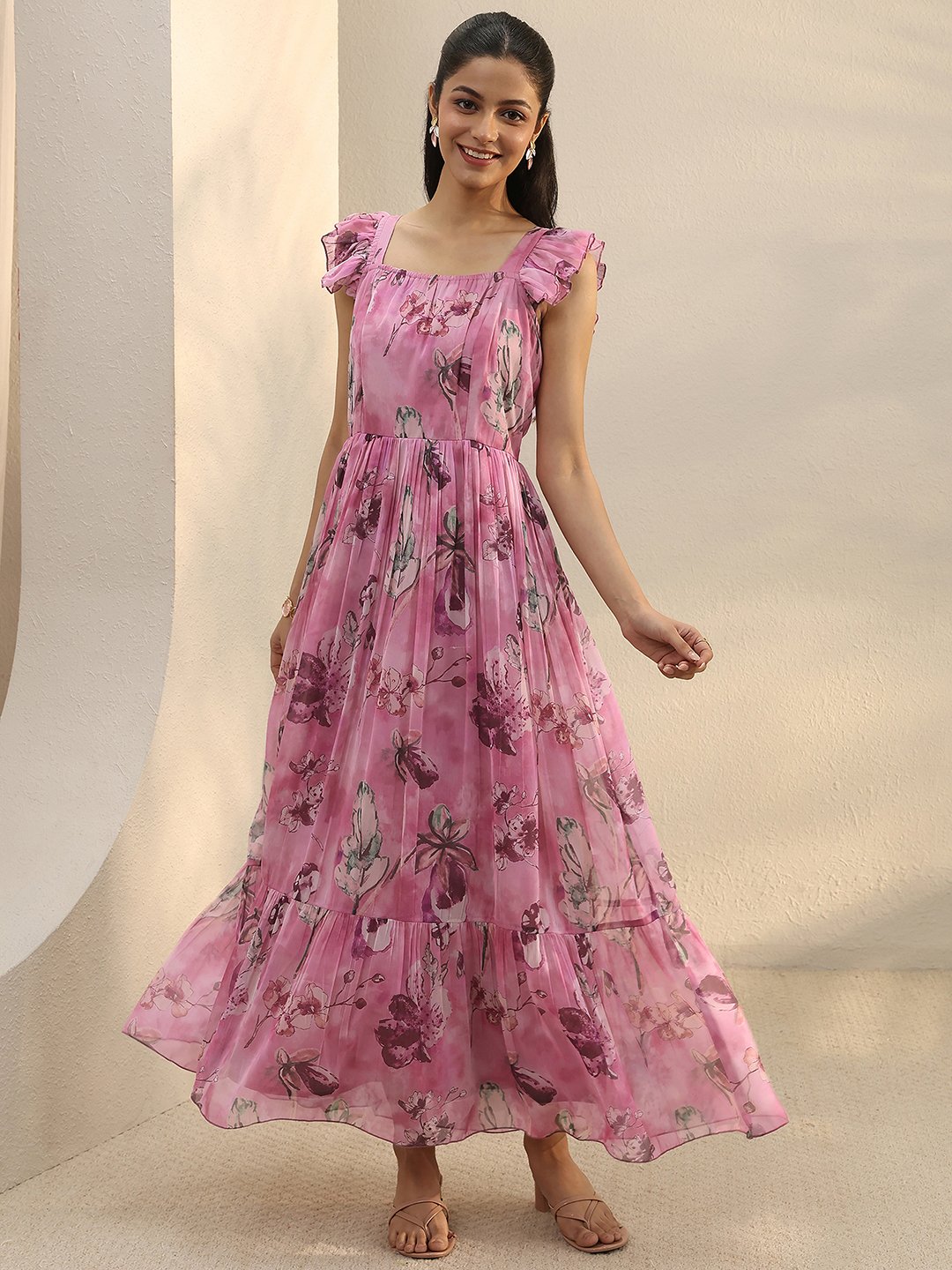 Pink Floral Sleeveless Maxi Dress