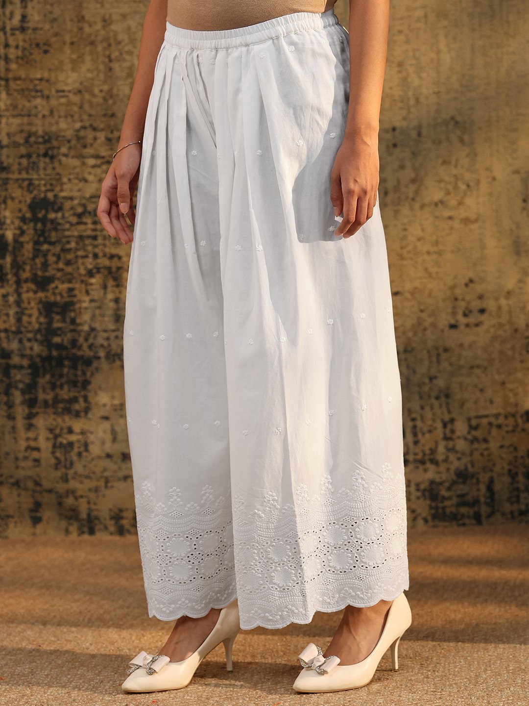 White Embroidered Wide-Leg Palazzo Pants