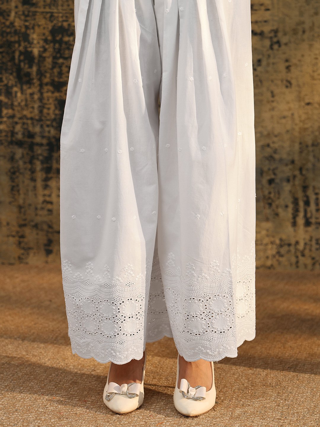 White Embroidered Wide-Leg Palazzo Pants