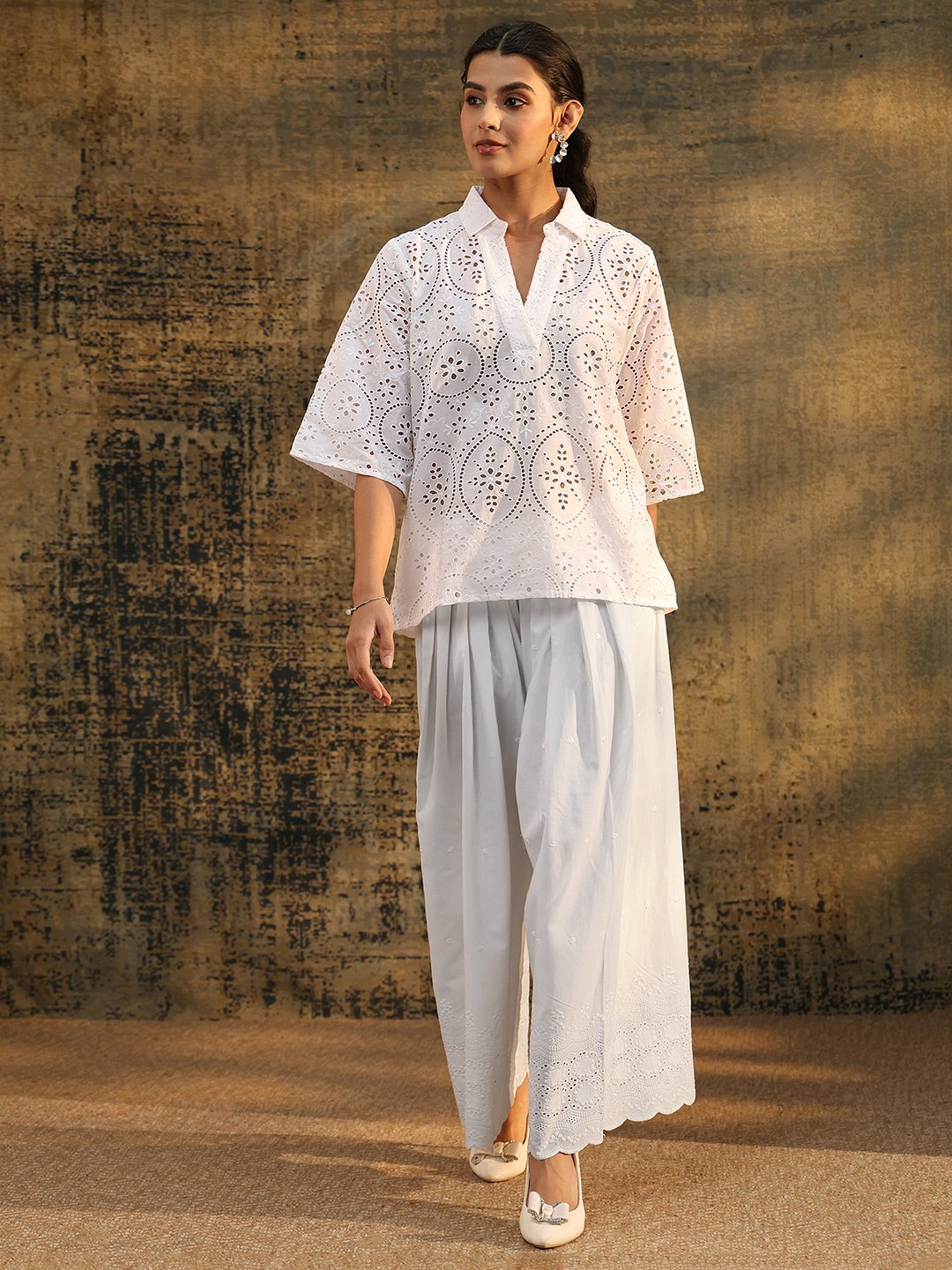 White Embroidered Wide-Leg Palazzo Pants