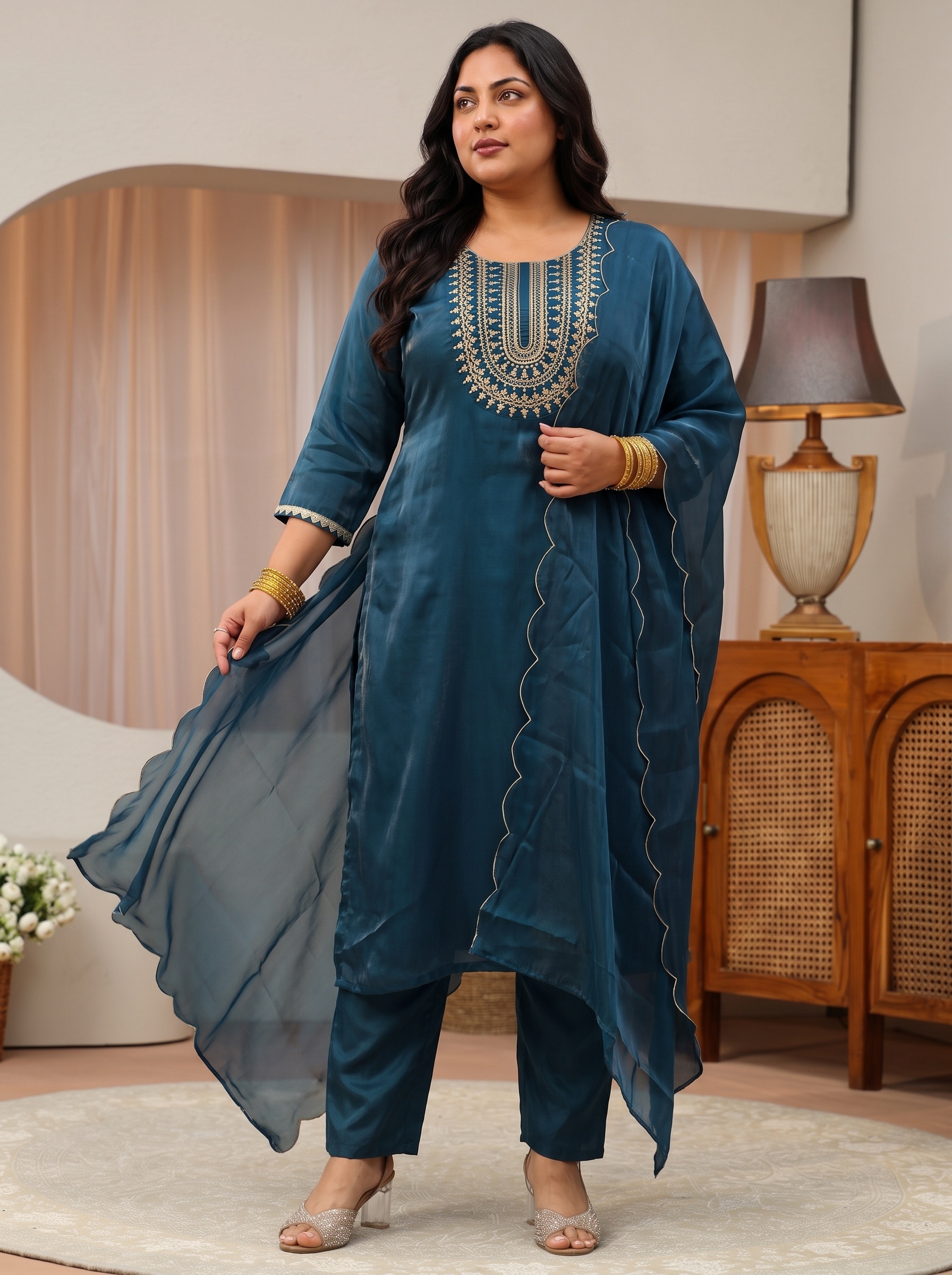 Embroidered Navy Blue Kurta Set with Dupatta
