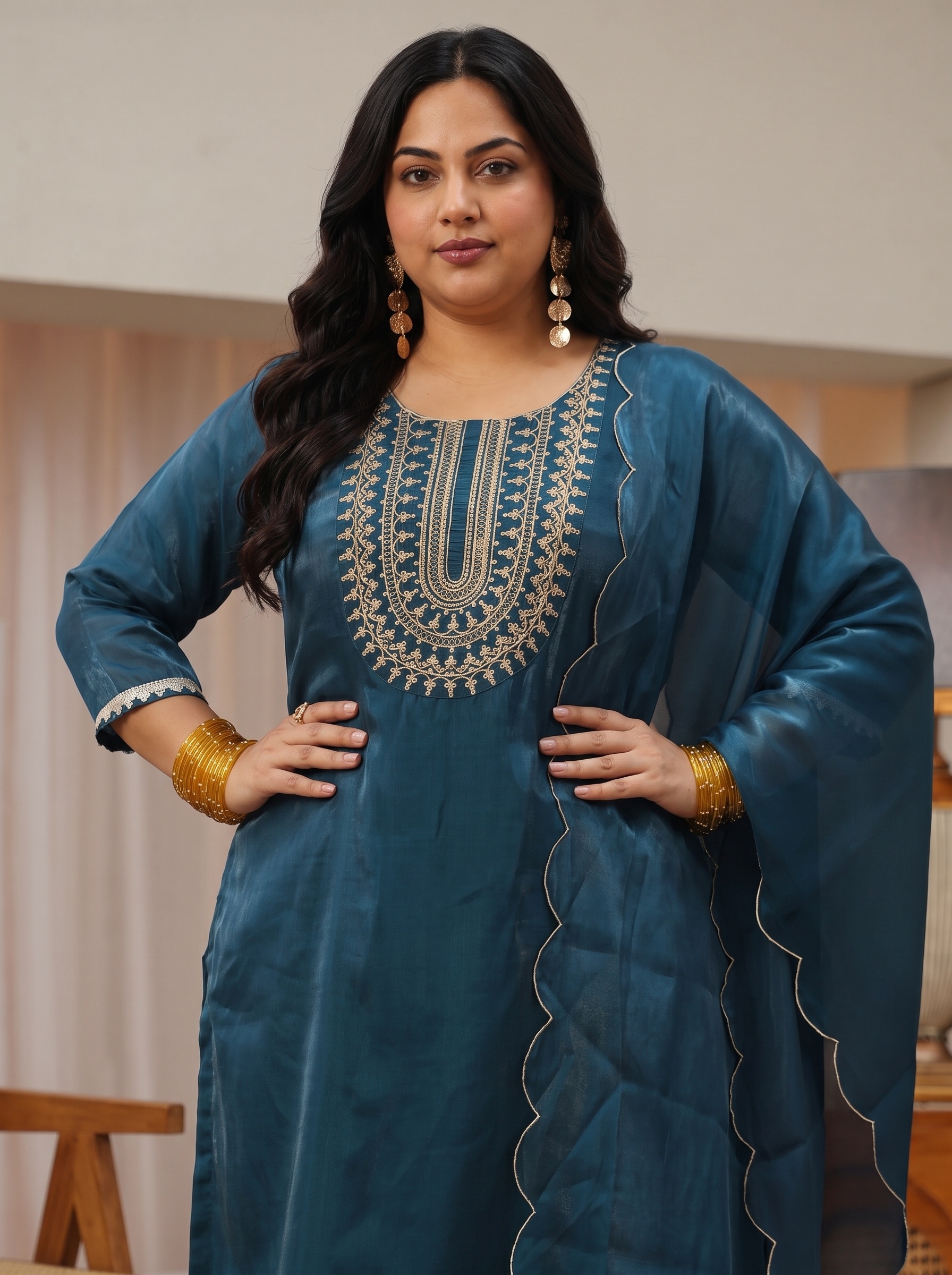 Embroidered Navy Blue Kurta Set with Dupatta
