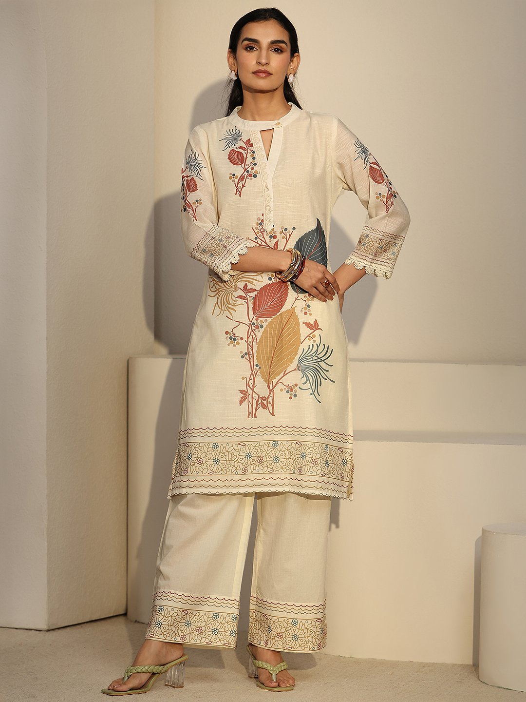 Off-White Printed Linen Blend Co-ord Set with Keyhole Neck