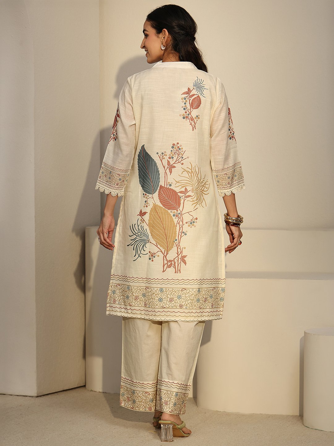 Off-White Printed Linen Blend Co-ord Set with Keyhole Neck