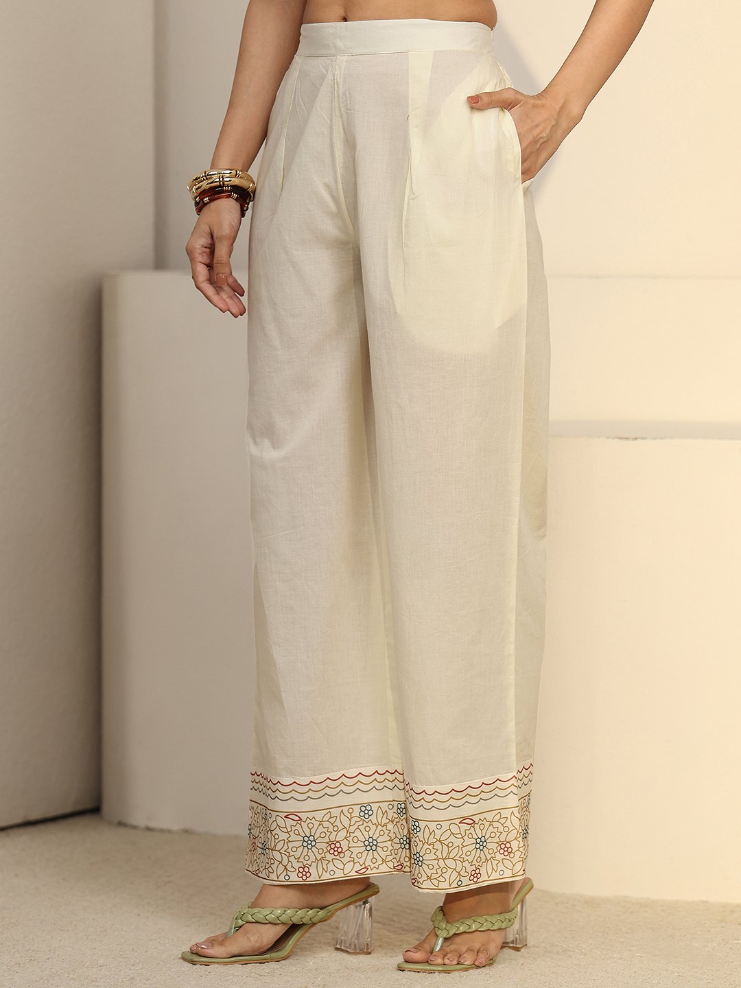 Off-White Printed Linen Blend Co-ord Set with Keyhole Neck