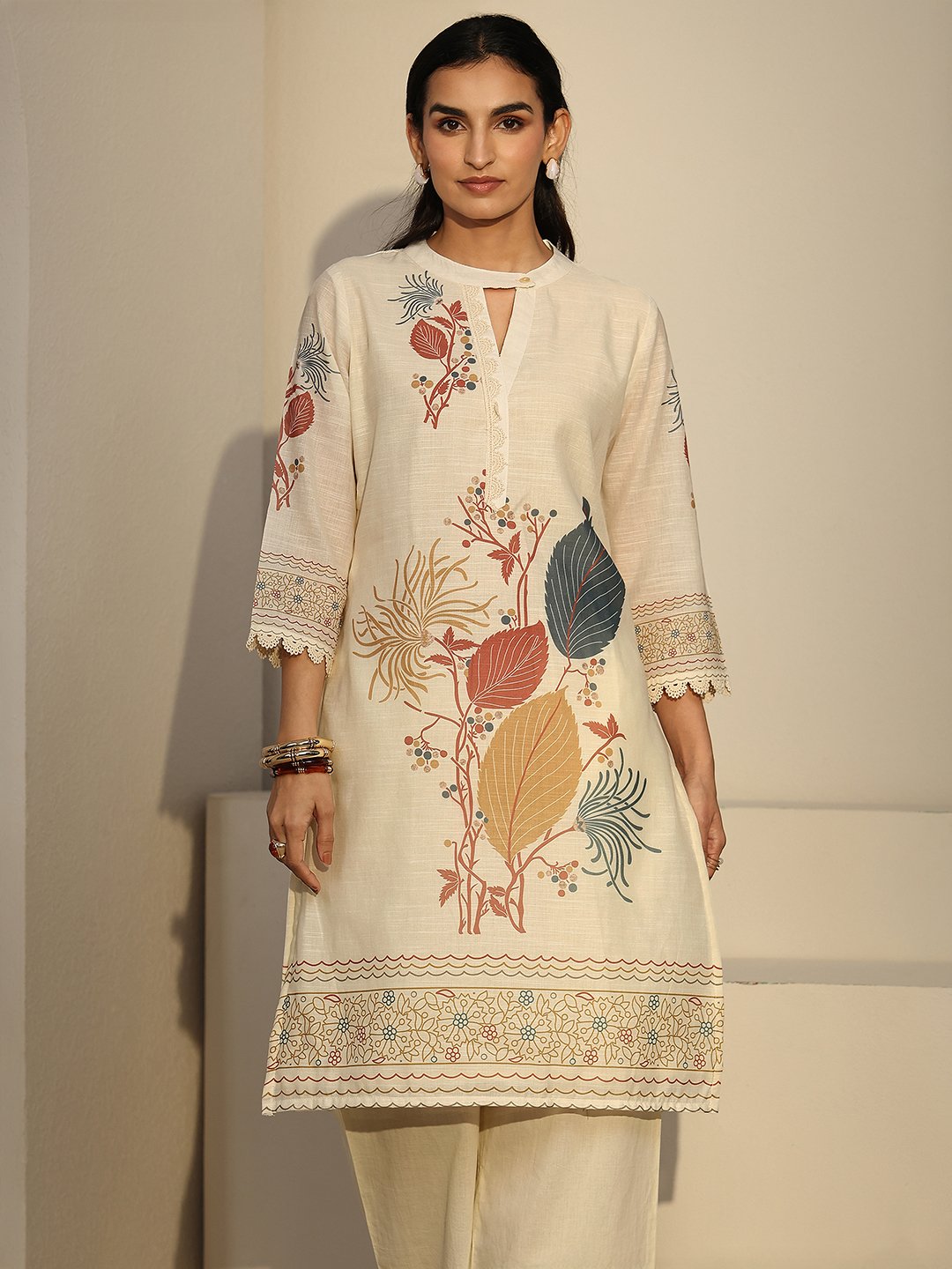 Off-White Printed Linen Blend Co-ord Set with Keyhole Neck