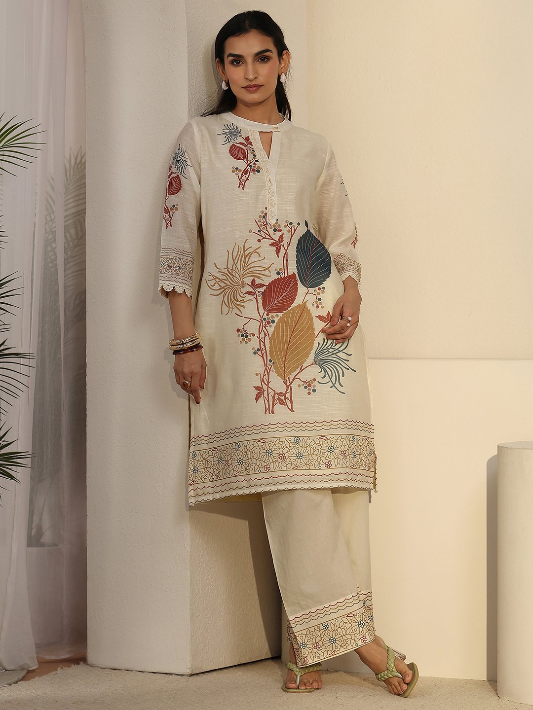 Off-White Printed Linen Blend Co-ord Set with Keyhole Neck
