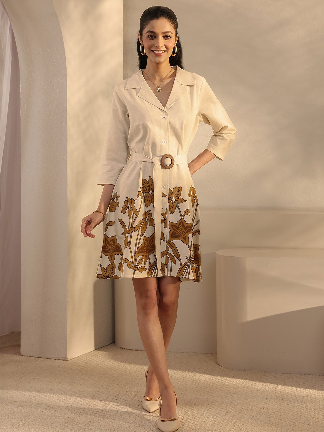 Off-White Floral Mini Shirt Dress with 3/4 Sleeves